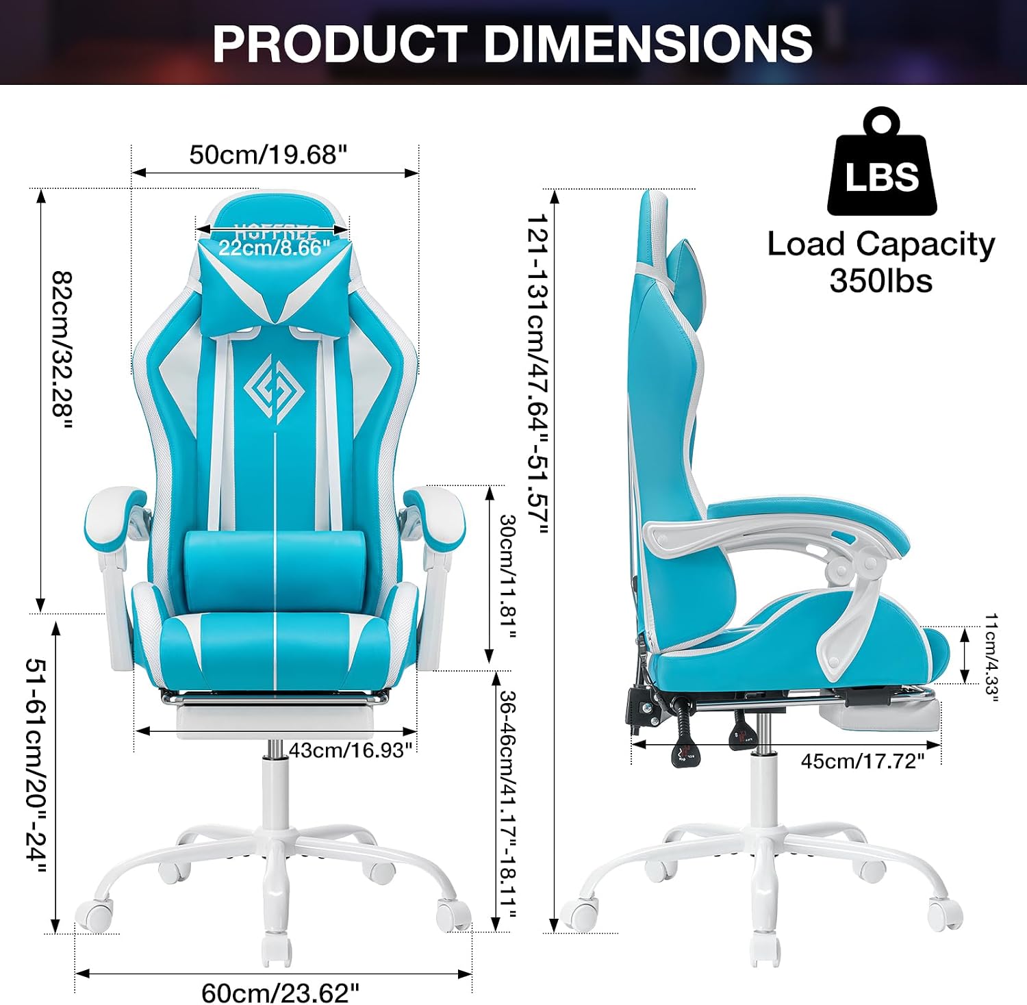 RGB Gaming Chair with LED Lights Massage Game Chair with Footrest Ergonomic Computer Chair High Back Video Game Chair with Adjustable Lumbar Support Linkage Armrest Blue and White