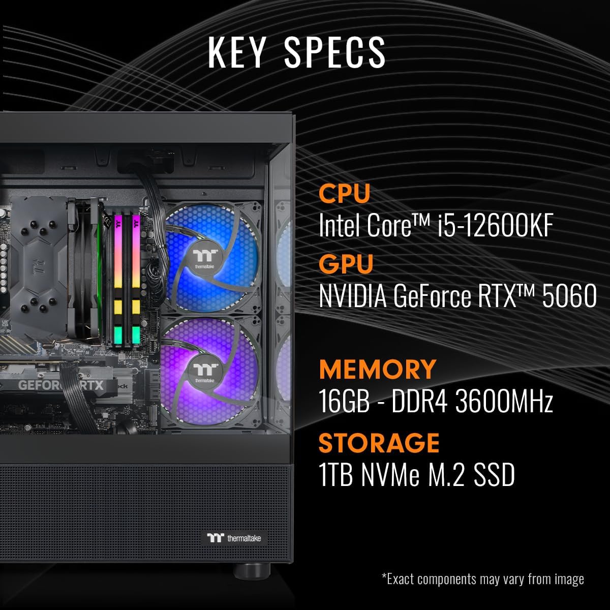 Thermaltake LCGS View i1260-170 Gaming Desktop (Intel Core™ i5-12600KF, ToughRam DDR4 3600Mhz 16GB RGB Memory, NVIDIA® GeForce RTX™ 5060, 1TB NVMe M.2, WiFi, Windows 11) V17B-B76R-560-LCS