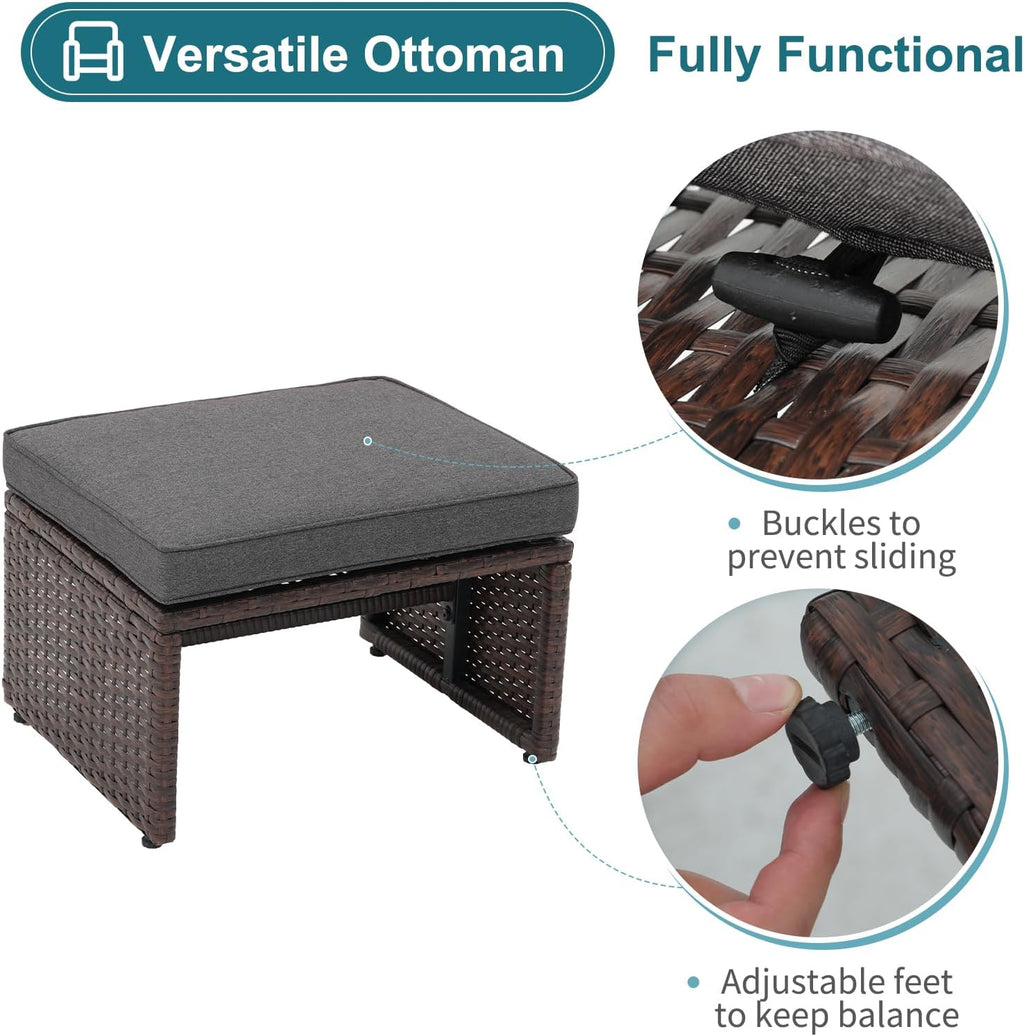 OC Orange-Casual 5 Pcs Patio Conversation Set Balcony Furniture Set with Cushions, Brown Wicker Chair with Ottoman, Storage Table for Backyard, Garden, Porch, Dark Grey