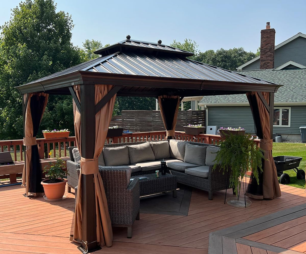 PURPLE LEAF 10' x 13' Hardtop Gazebo with Curtains and Netting for Hot Tub Heavy Duty Deck Beach Pool Backyard Outdoor Canopy Tent Sun Shade Metal Roof Patio Permanent Pavilion