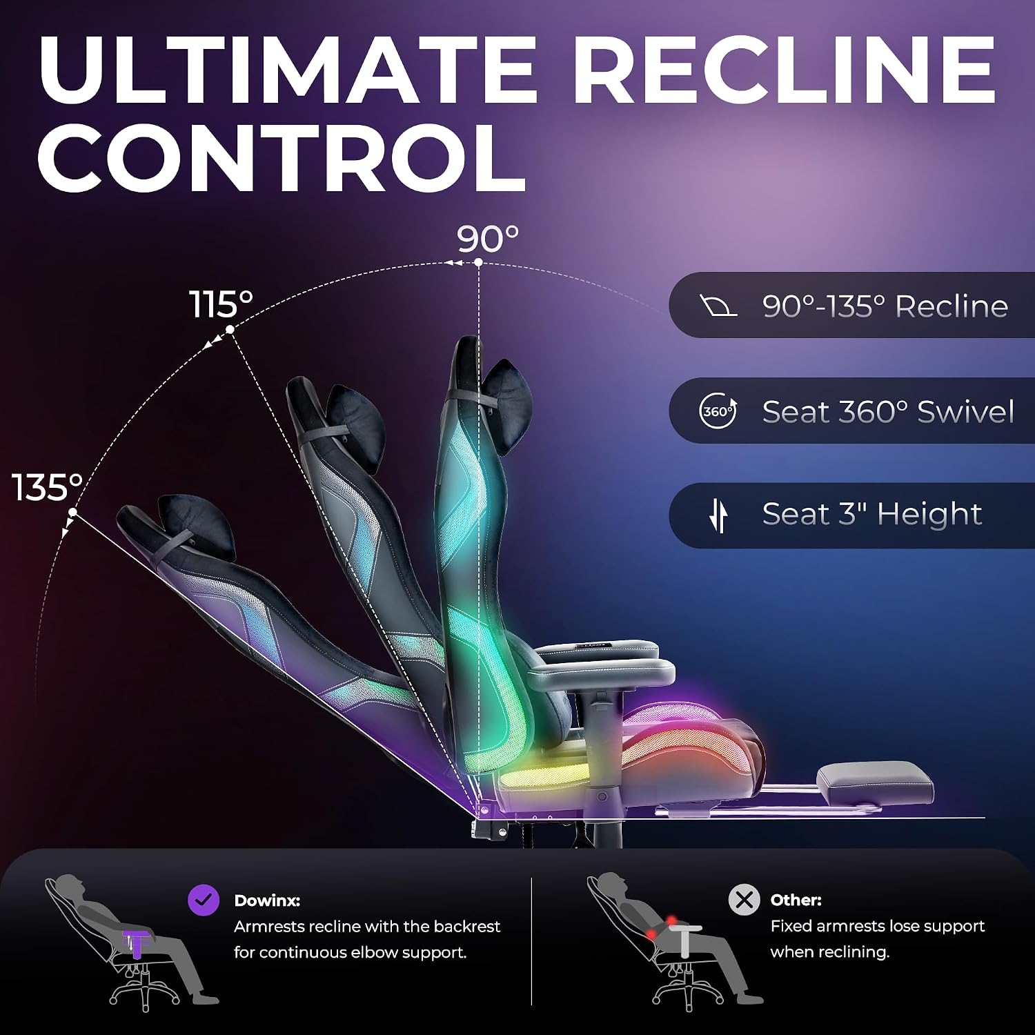 Dowinx Gaming Chair with RGB LED Lights, Ergonomic Game Chair with Footrest Massage Lumbar Support, Computer Gamer Chair for Adults Teens, Black