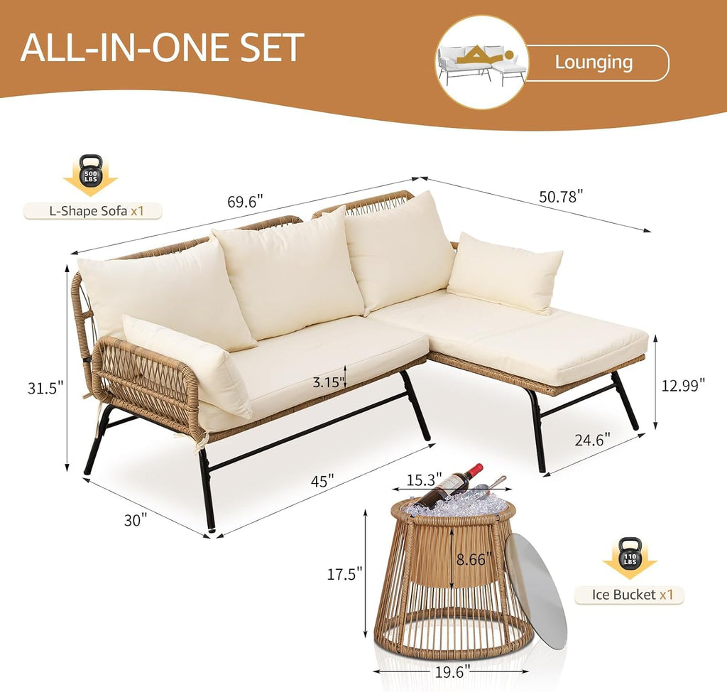 NICESOUL Boho 3-Piece L-Shaped Outdoor Patio Furniture Set with Comfy 2' Thickened Cushion, High Back Wicker Lounge Sectional Sofa w/Ice Bucket for Porch Balcony Deck Garden, Beige