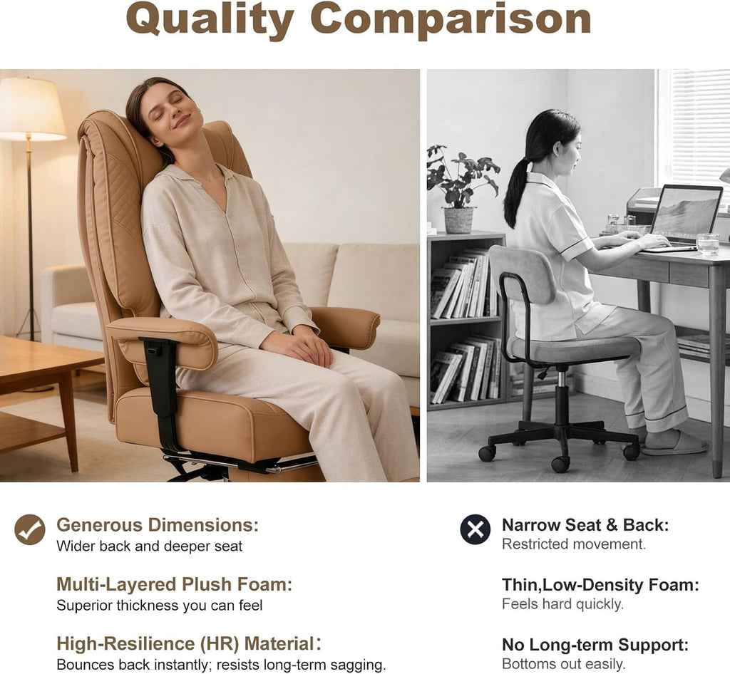 EXCEBET Big and Tall Office Chair 400lbs Wide Seat, Leather High Back Executive Office Chair with Foot Rest, Ergonomic Chairs Lumbar Support for Lower Back Pain Relief, All-Day Comfort (Brown)