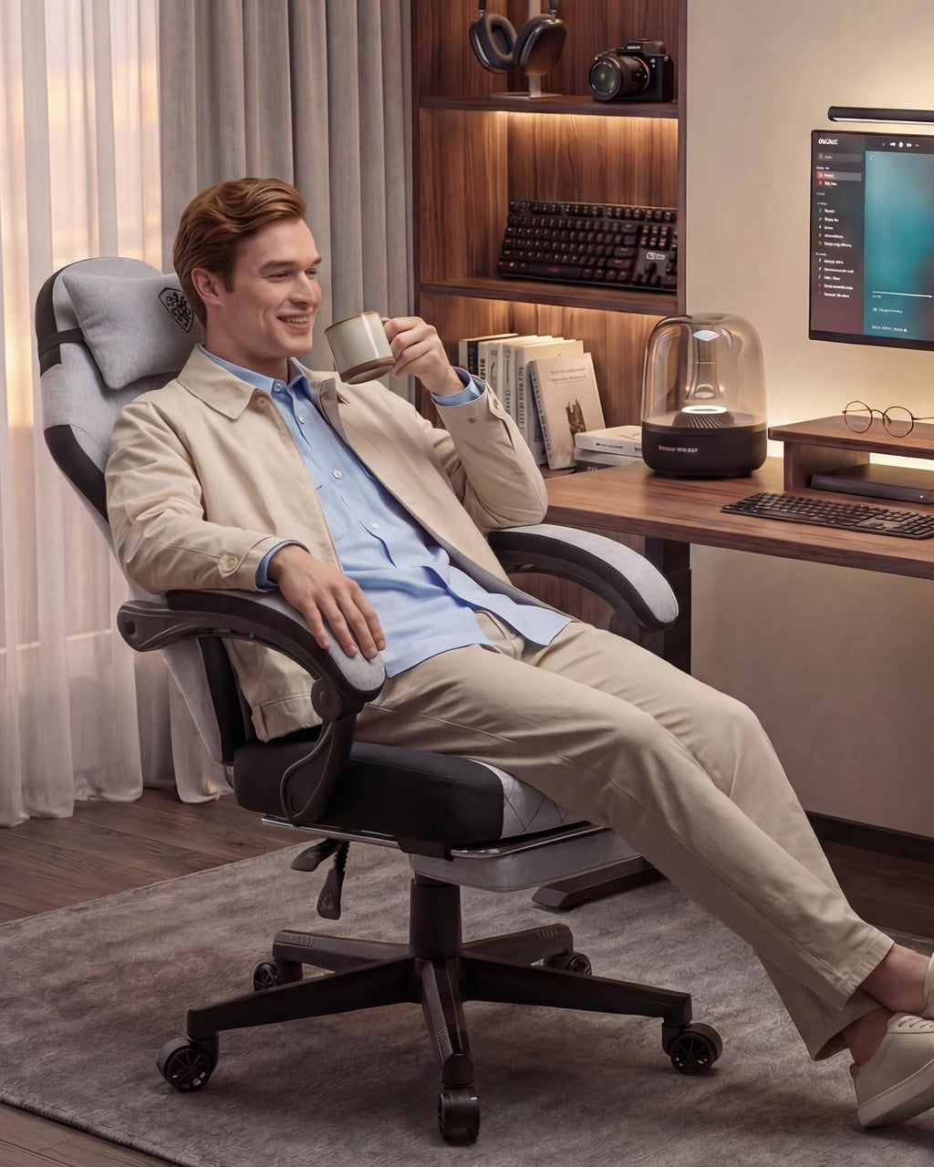 Dowinx Gaming Chair, Fabric Gaming Chairs for Adults with Pocket Spring Cushions and Lumbar Support, Ergonomic Massage Computer Chair with Footrest for Big and Tall, Gray