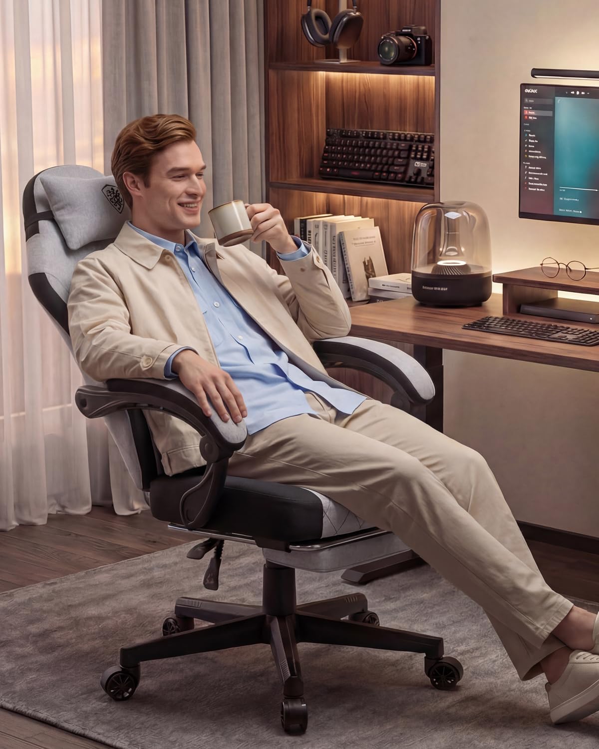 Dowinx Gaming Chair, Fabric Gaming Chairs for Adults with Pocket Spring Cushions and Lumbar Support, Ergonomic Massage Computer Chair with Footrest for Big and Tall, Gray