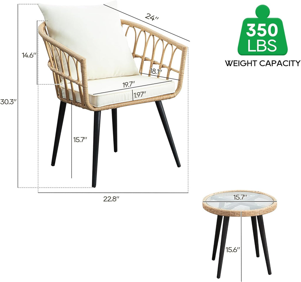 PORWEY 3 Piece Patio Bistro Set, Outdoor Wicker Apartment Balcony Furniture Sets, Rattan Table and Chairs Set of 2 for Porch Backyard Lawn Poolside Deck, Beige