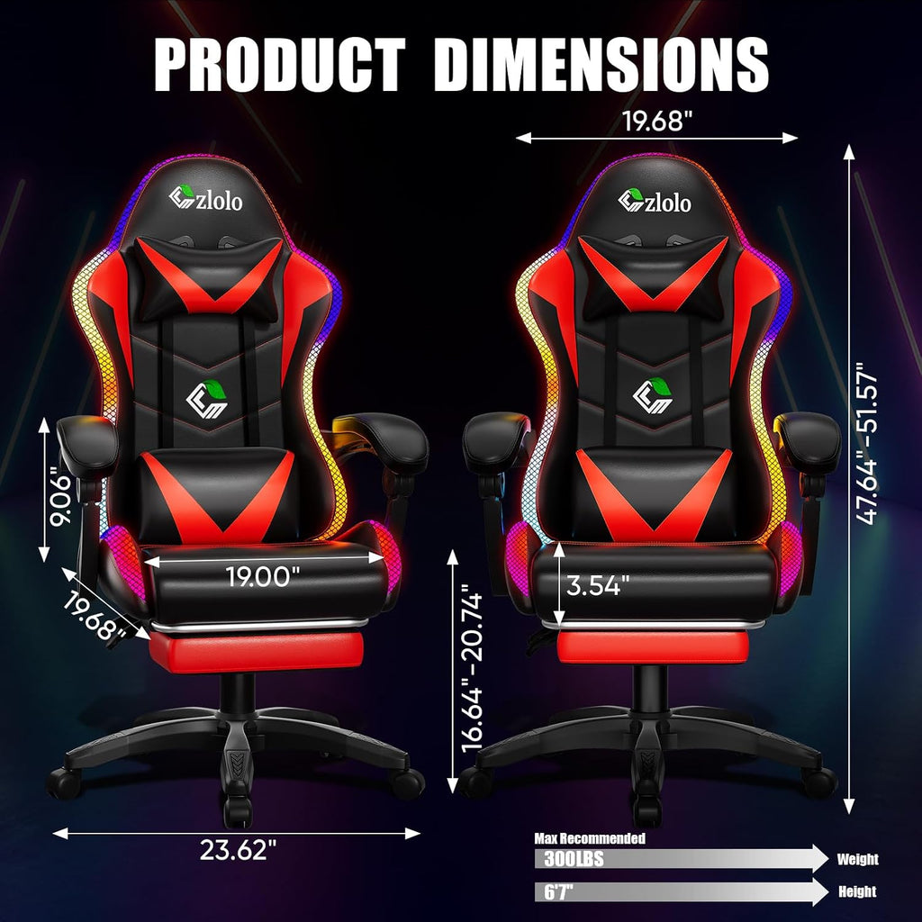 Czlolo Gaming Chair, RGB LED Lights Computer Chair with Footrest, Lumbar Support Massager Gamer Chair, High Back, 90-135° Reclining, Linkage Armrests, Red