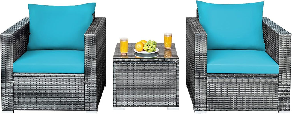 HAPPYGRILL 3 Piece Patio Conversation Set Outdoor Rattan Wicker Sofa Set with Coffee Table Patio Furniture Set with Soft Cushions for Balcony Porch Backyard Garden