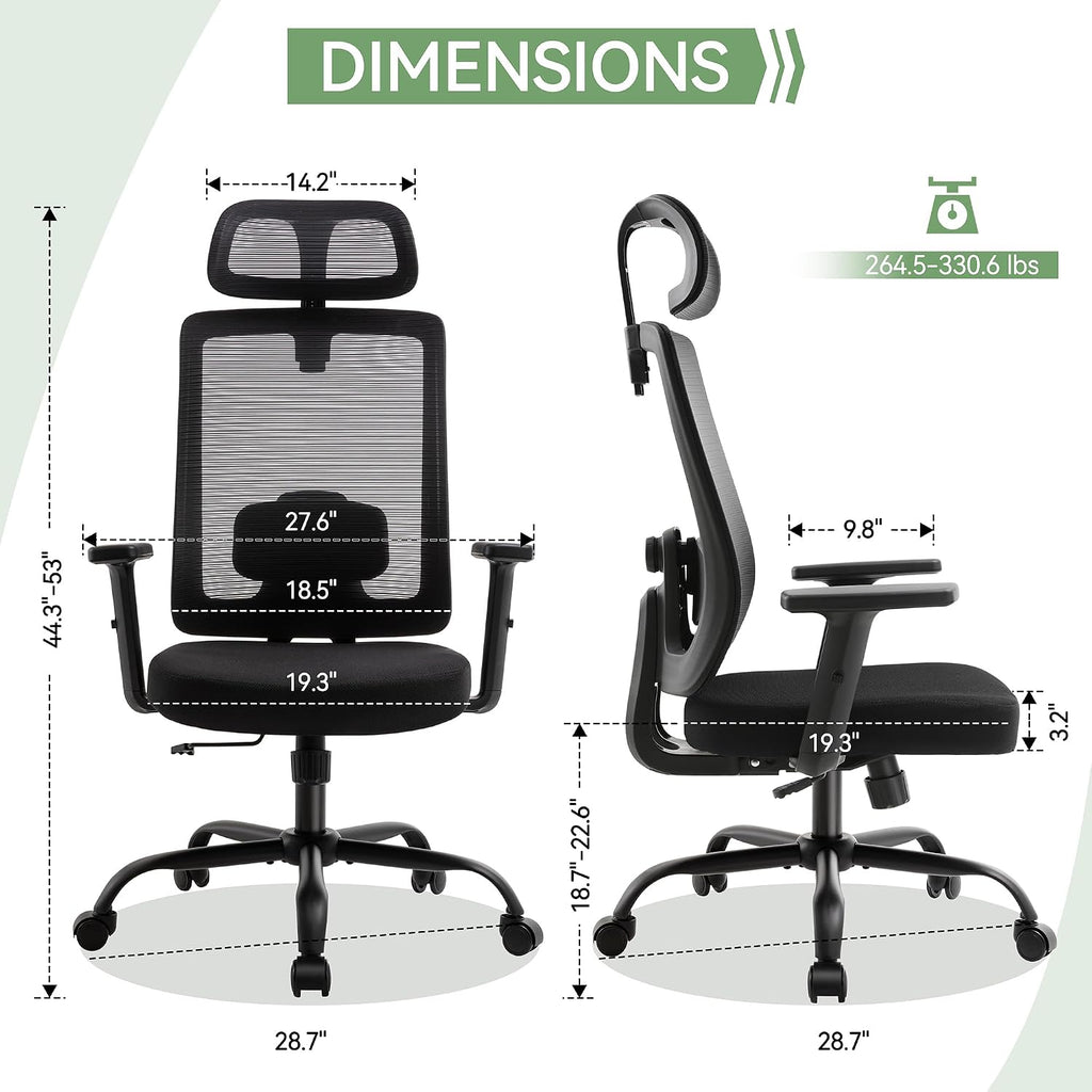 Ergonomic Office Chair Mesh Back, Office Desk Chair with Adjustable Lumbar Support, Rolling Work Chairs with Wheels and 3D Headrest, Set of 2, Black