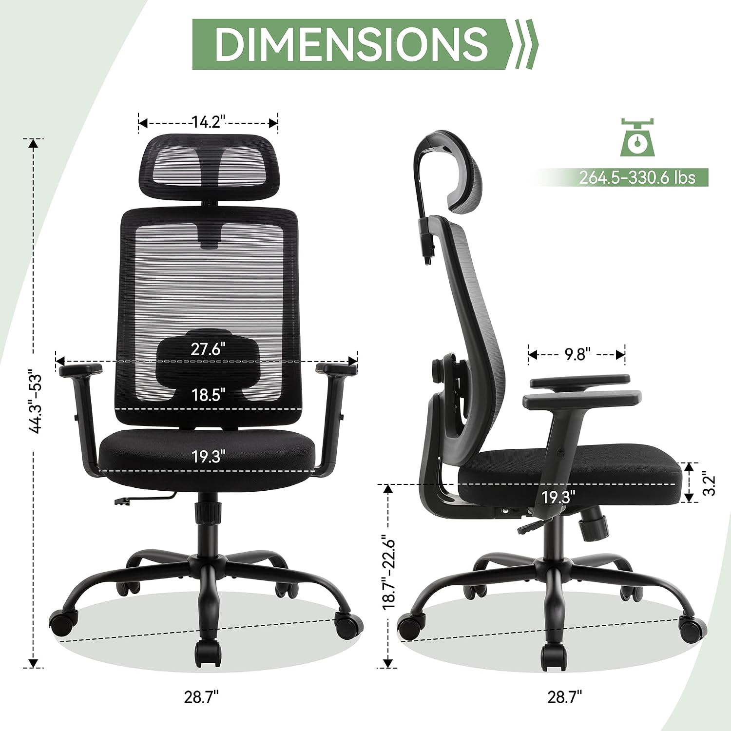 Ergonomic Office Chair Mesh Back, Office Desk Chair with Adjustable Lumbar Support, Rolling Work Chairs with Wheels and 3D Headrest, Set of 2, Black