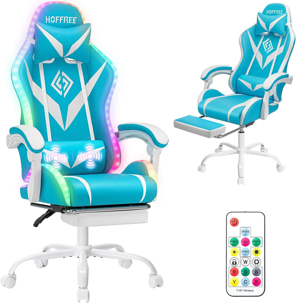 HOFFREE Gaming Chair with LED RGB Lights Massage Ergonomic Video Game Chairs with Footrest High Back Reclining Computer Chair with Adjustable Lumbar Support Blue and White