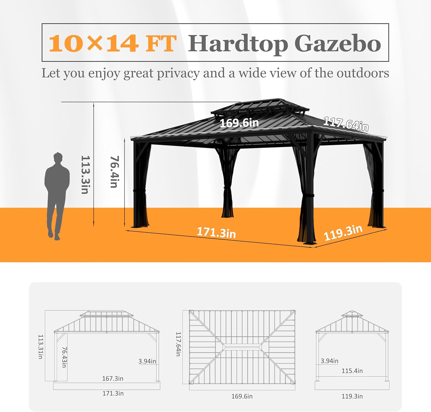Yardenaler 10x14 FT Hardtop Gazebo Canopy with Double Galvanized Steel Roof, Permanent Outdoor Pavilion with Mesh Netting for Patio, Backyard, Garden, Black