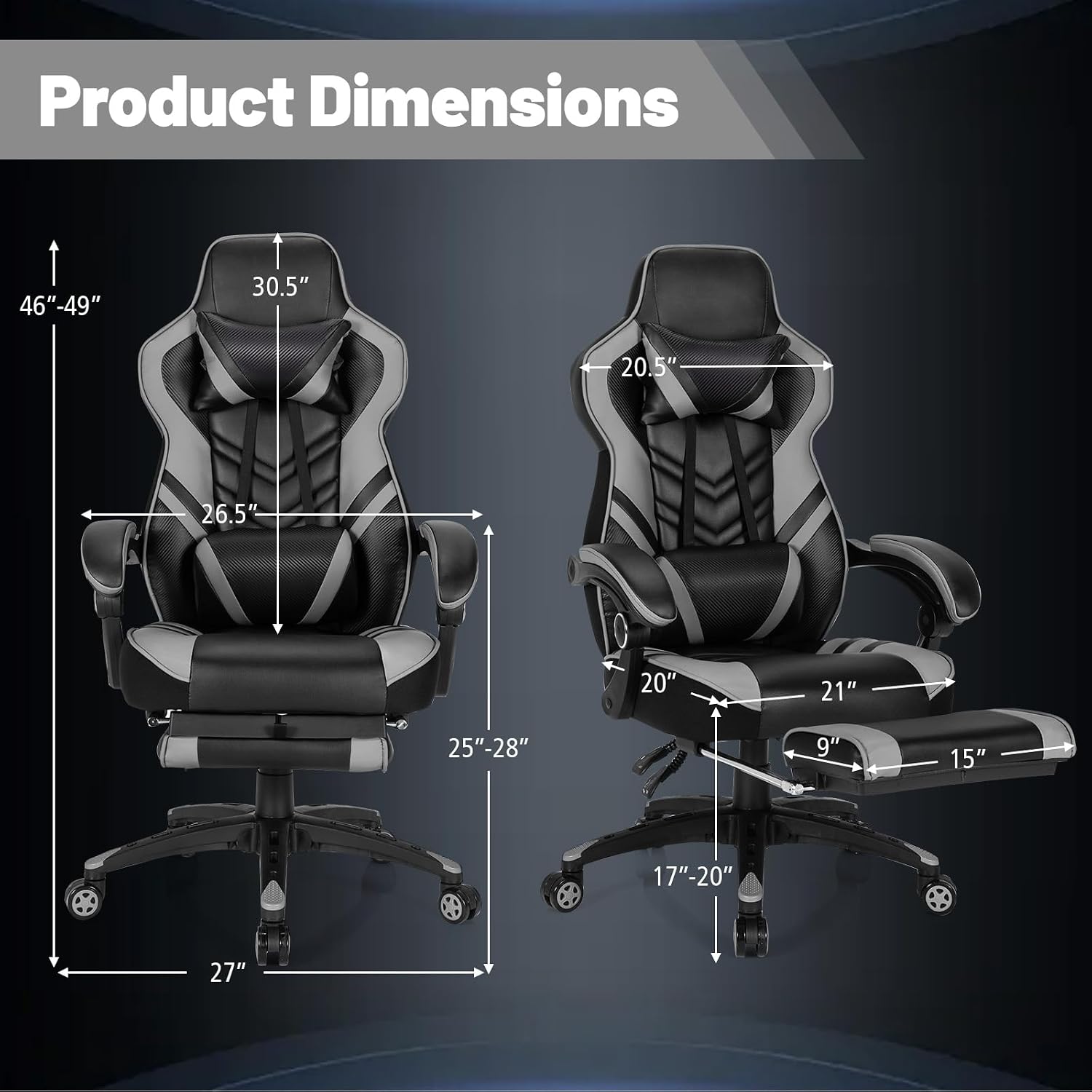 Goplus Gaming Chair, Computer Chair with Footrest and Lumbar Support, Height Adjustable Executive Swivel Rolling Task Chair with 90°-155° Tilt Function (Grey)