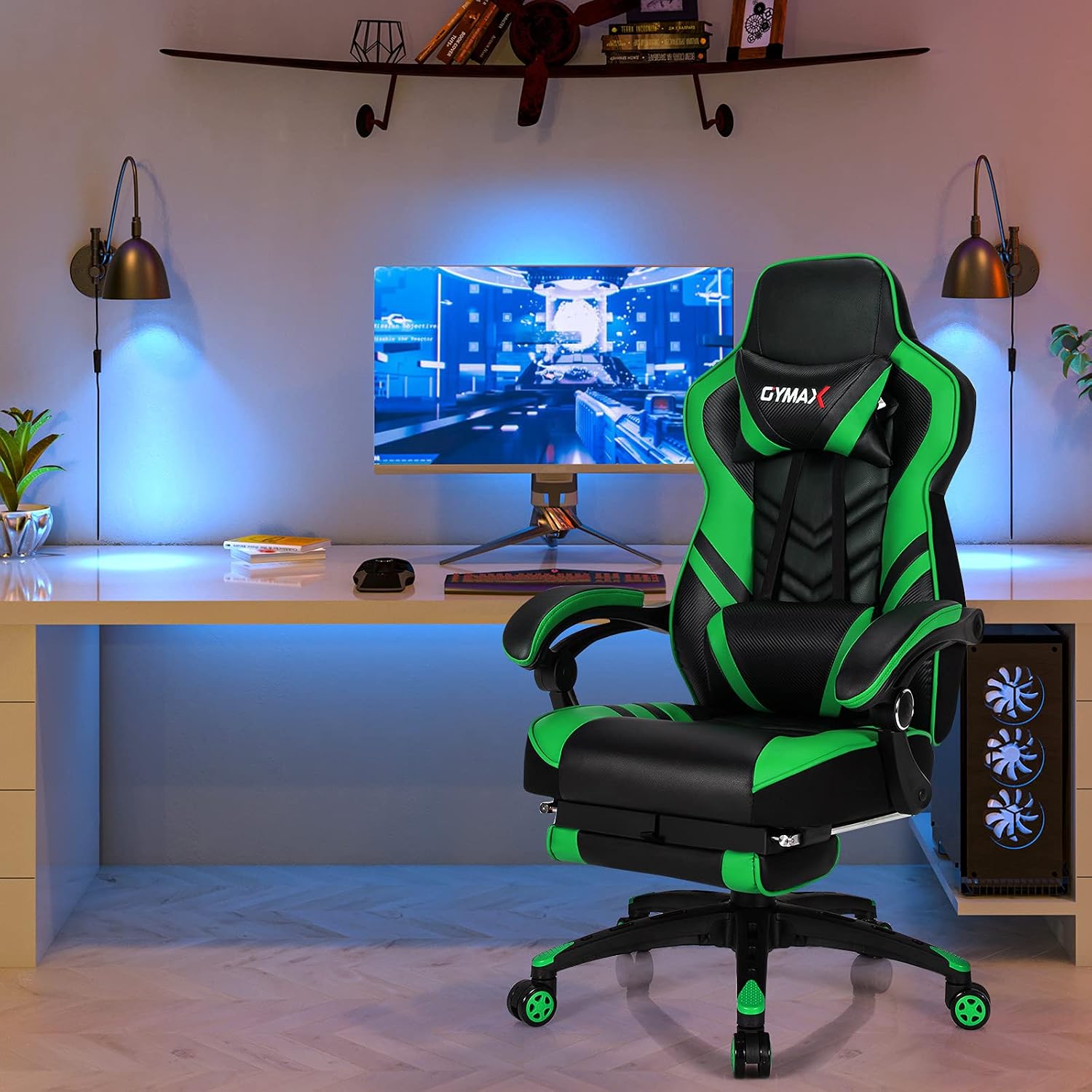 GYMAX Gaming Chair, Ergonomic Computer Chair with Footrest, Linkage Armrests & Lumbar Cushion, Big Wide High Back Video Gaming Chair, Reclining Office Rolling Chair for Adult/Teens (Green)