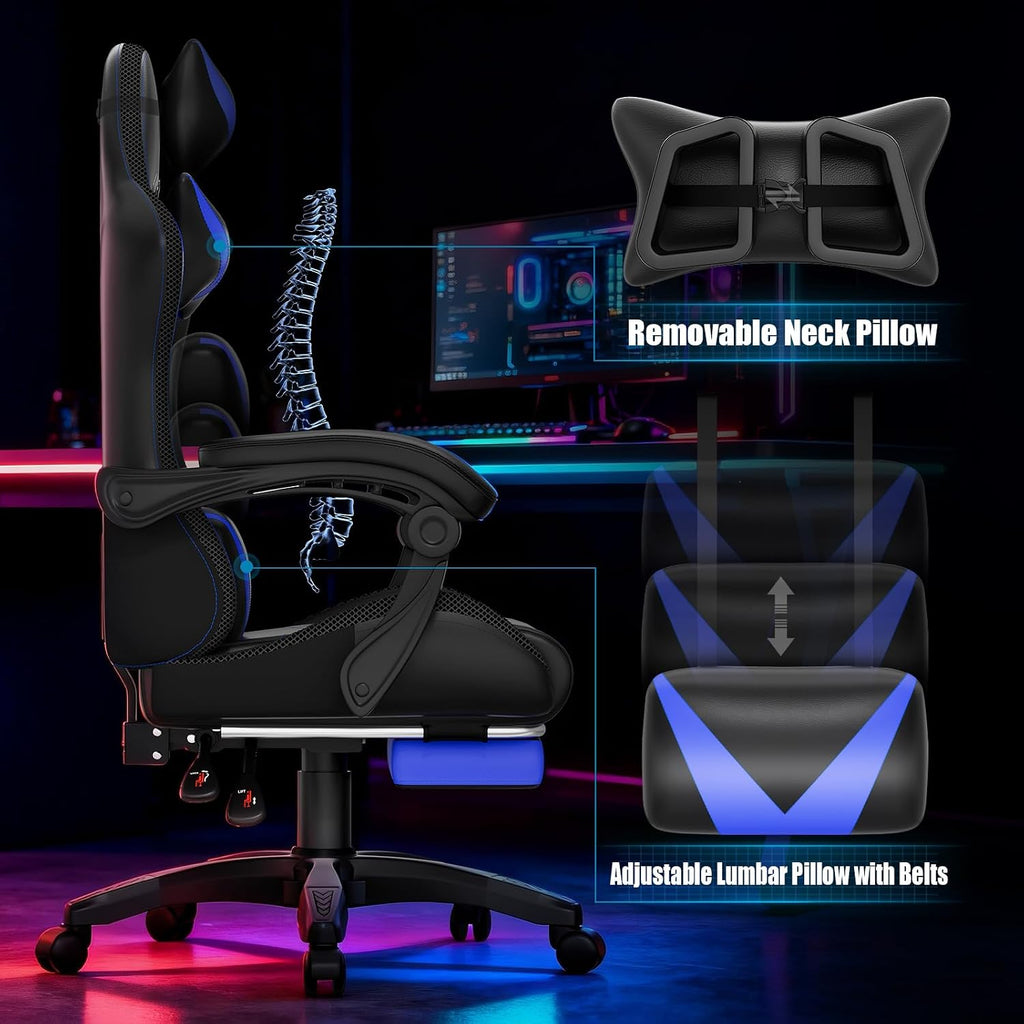 Czlolo Gaming Chair, RGB LED Lights Computer Chair with Footrest, Lumbar Support Massager Gamer Chair, High Back, 90-135° Reclining, Linkage Armrests, Blue