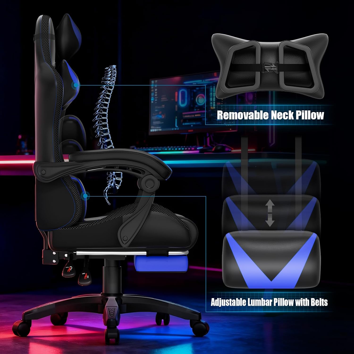 Czlolo Gaming Chair, RGB LED Lights Computer Chair with Footrest, Lumbar Support Massager Gamer Chair, High Back, 90-135° Reclining, Linkage Armrests, Blue