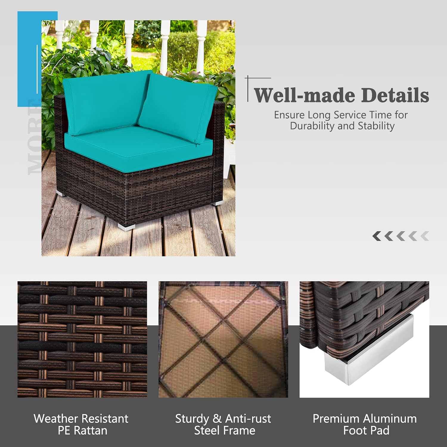 COSTWAY 6-Piece Outdoor Patio Furniture Set, Rattan Sectional Sofa Set with Tempered Glass Coffee Table and Cushions for Garden, Deck, Backyard (Turquoise)