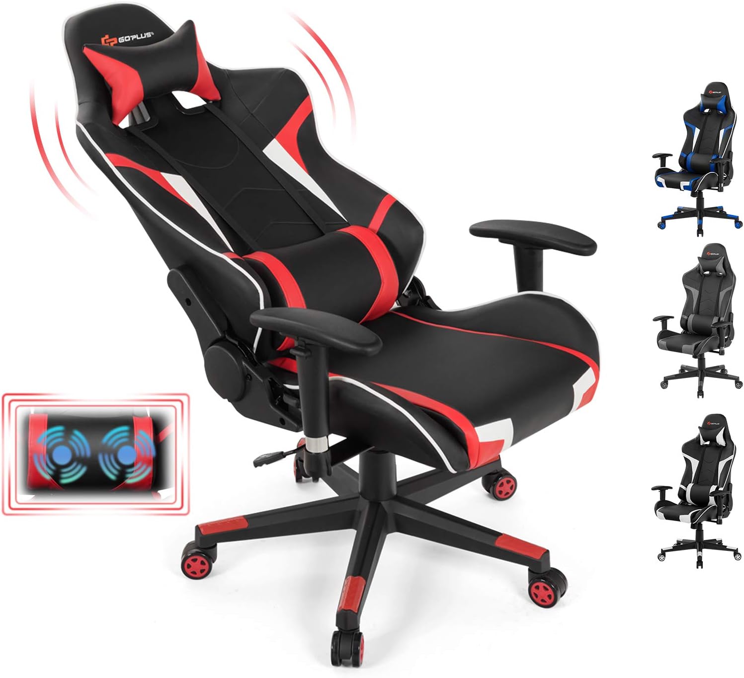 Goplus Gaming Massage Office Chair, High Back PU Leather Adjustable Arms Headrest Ergonomic Reclining Racing Chair, Rolling Swivel Executive Computer Chair