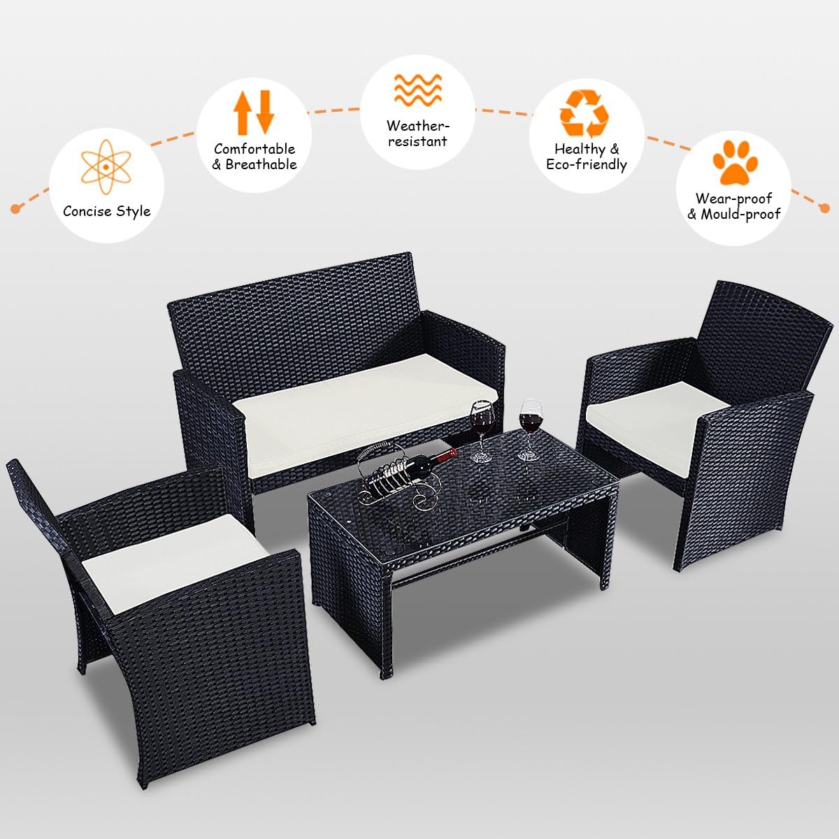 Goplus 4-Piece Rattan Patio Furniture Set, Outdoor Wicker Conversation Sofa with Weather Resistant Cushions and Tempered Glass Tabletop for Lawn Backyard Pool Garden (White(Black Wicker))