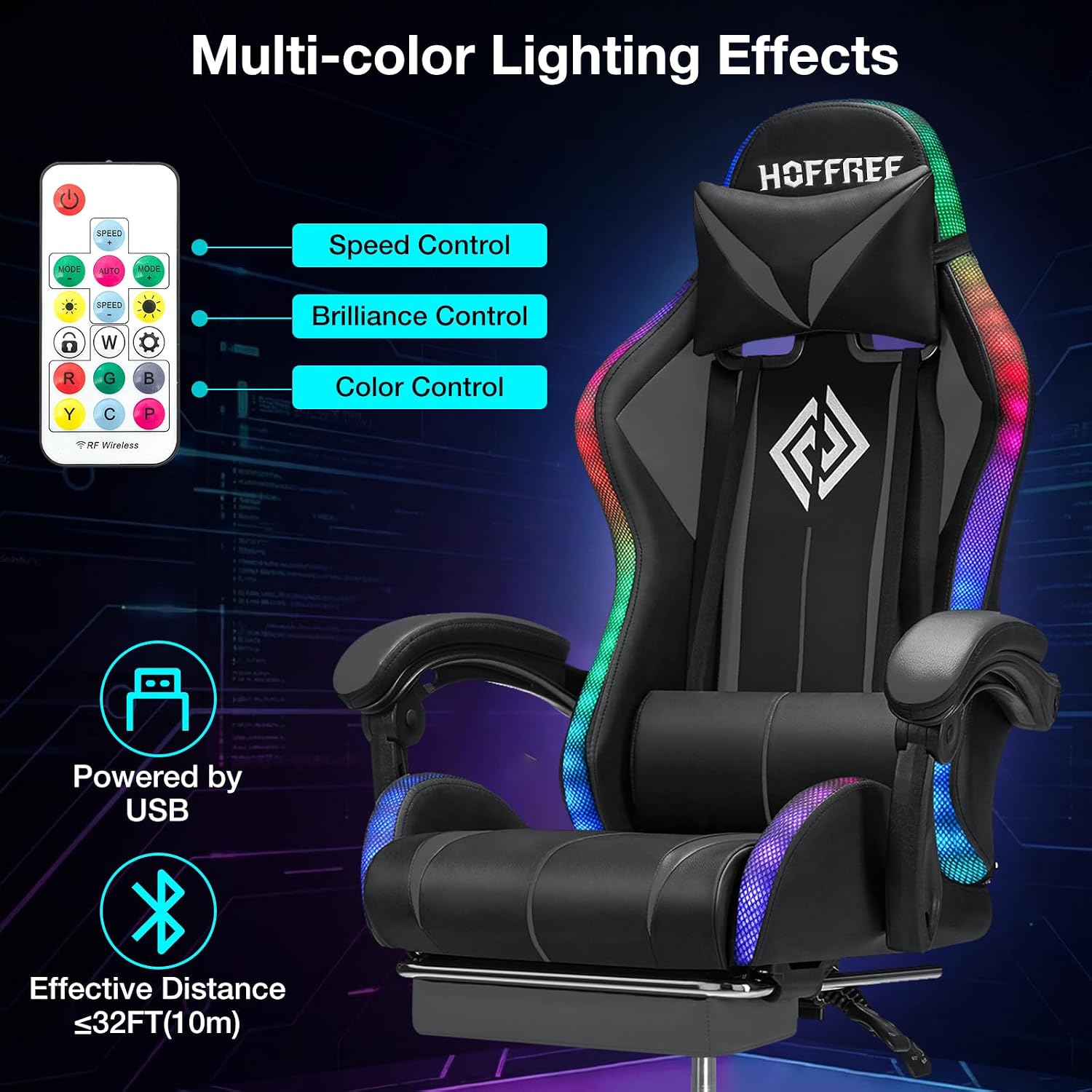 Gaming Chair Massage with LED RGB Lights and Footrest Ergonomic Computer Chair High Back Video Game Chair with Adjustable Lumbar Support Linkage Armrest Grey and Black