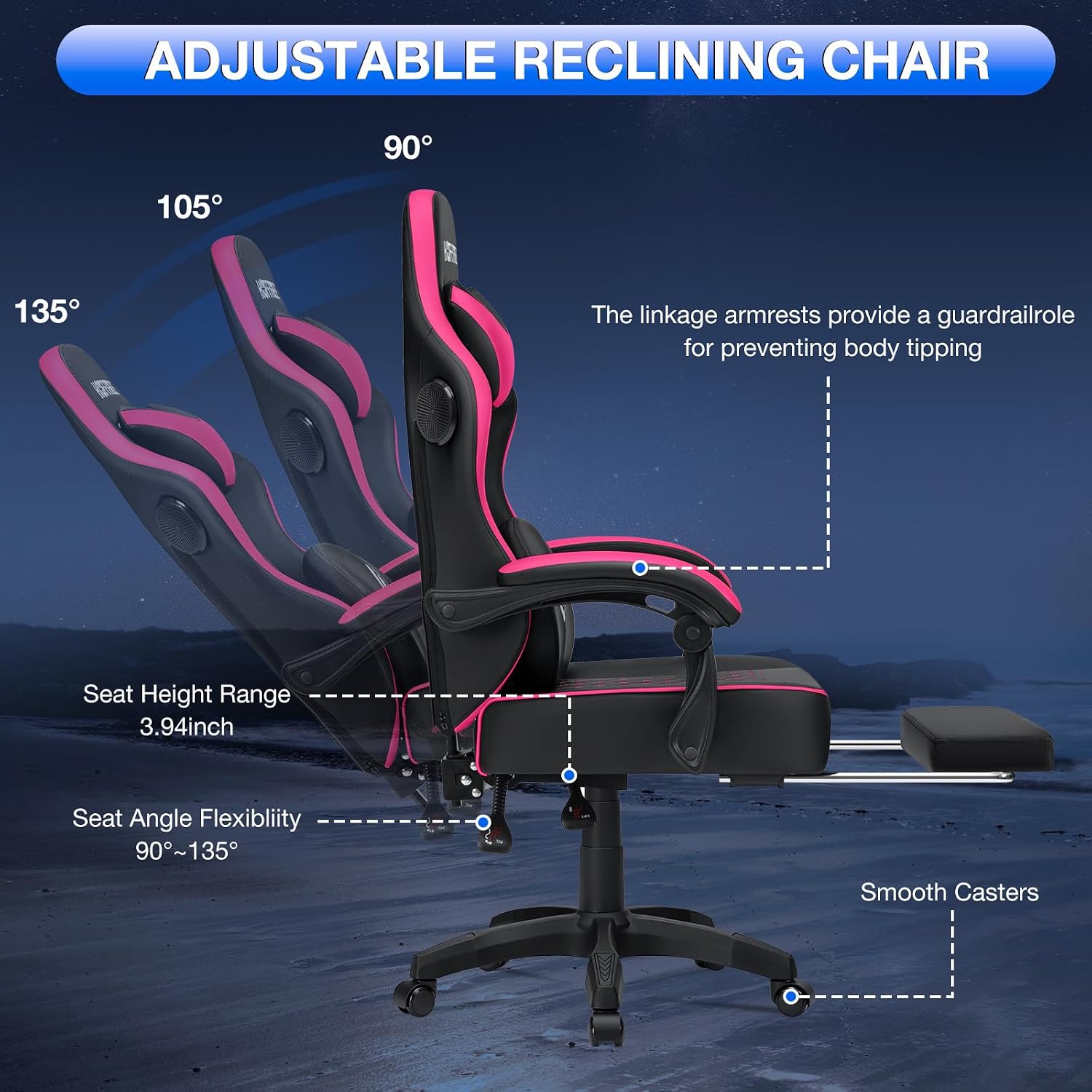 HOFFREE Gaming Chair Computer Chair with Speakers Massage Game Chairs with Footrest Bluetooth High Back Ergonomic Computer Gaming Chairs for Adults Reclining Video Gamer Chair Pink and Black