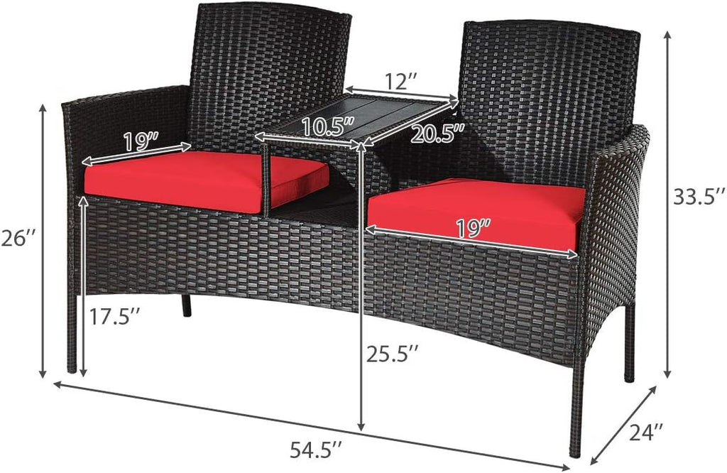 COSTWAY 2-Seat Patio Conversation Sets, Outdoor Patio Loveseat Set with Removable Cushions & Built-in Coffee Table for Backyard, Garden, Lawn, Balcony, Brown+Red