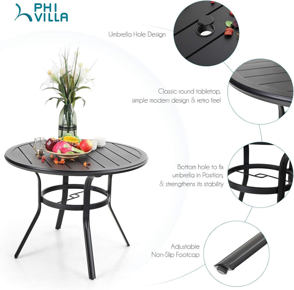 PHI VILLA 5 Piece Patio Dining Set, 4 Swivel Patio Chairs and 1 Round Metal Table with 1.57' Umbrella Hole, All Weather Resistant for Lawn Garden