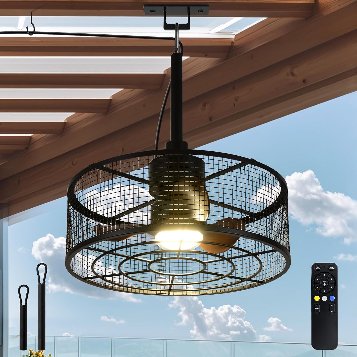 ZHENYANGL 18.11' Outdoor Ceiling Fan with Light and Remote LED Black Industrial Caged Ceiling Fan Light Fixture with Hook IP 54 Waterproof Plug in Fan Lights for Patios, Porch, Pergola, Canopy, Gazebo