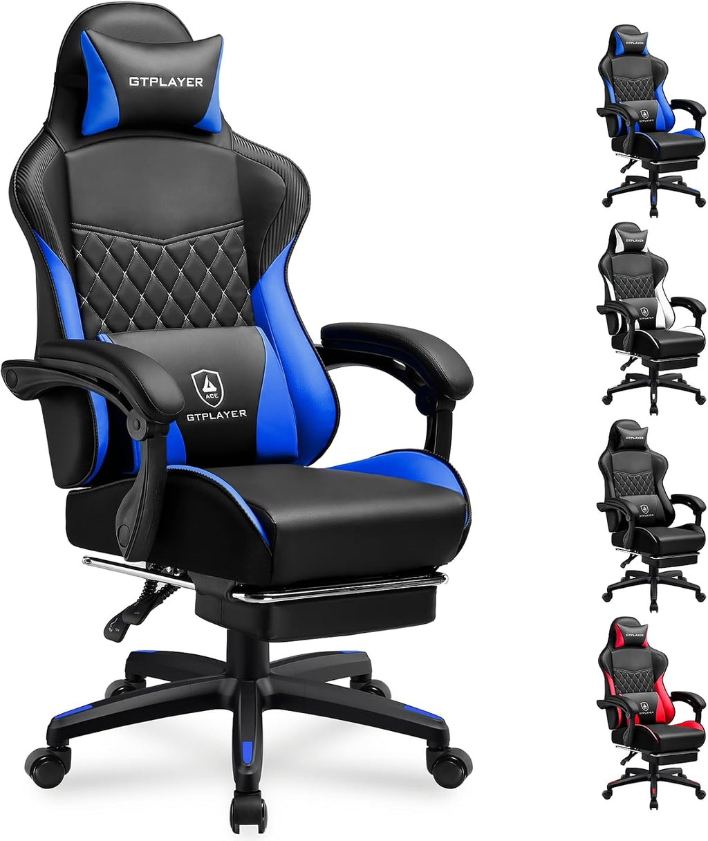 GTPLAYER Gaming Chair, High Back Leather Computer Gaming Chair with Footrest, Ergonomic Height Adjustable Office Chair with Removable Cover and Lumbar Support for Gaming and Work (Blue)