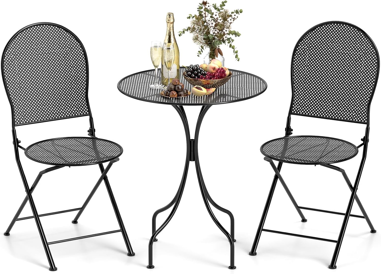 Tangkula 3 Pieces Patio Bistro Set, Metal Table and Folding Chair Set for 2, Outdoor Garden Furniture Set with Round Table & 2 Folding Chairs, Indoor Outdoor Bistro Set for Garden, Yard, Porch
