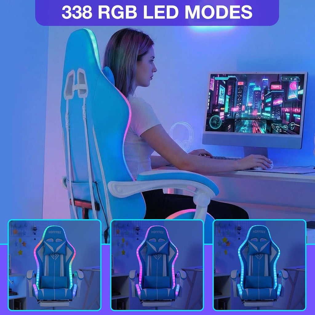 RGB Gaming Chair with LED Lights Massage Ergonomic Computer Gaming Chair High Back Video Game Chair with Footrest and Adjustable Lumbar Support Linkage Armrest Gamer Chairs for Adults Blue and White