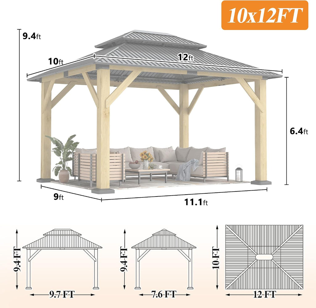 GARTOO 10' x 12' Outdoor Wooden Gazebo - Patio Hardtop Gazebo Permanent Wooden Pavilion with Galvanized Steel Double Roof, Wood Gazebos for Garden, Lawn, Poolside, Backyard Deck