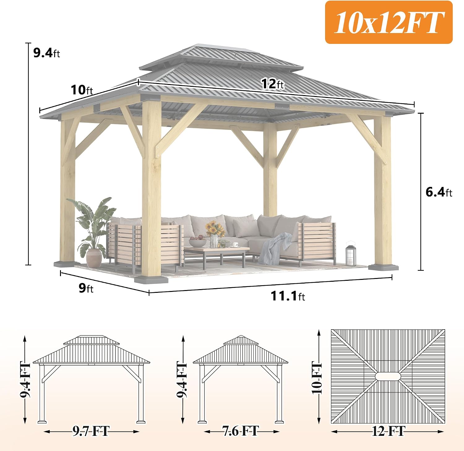 GARTOO 10' x 12' Outdoor Wooden Gazebo - Patio Hardtop Gazebo Permanent Wooden Pavilion with Galvanized Steel Double Roof, Wood Gazebos for Garden, Lawn, Poolside, Backyard Deck