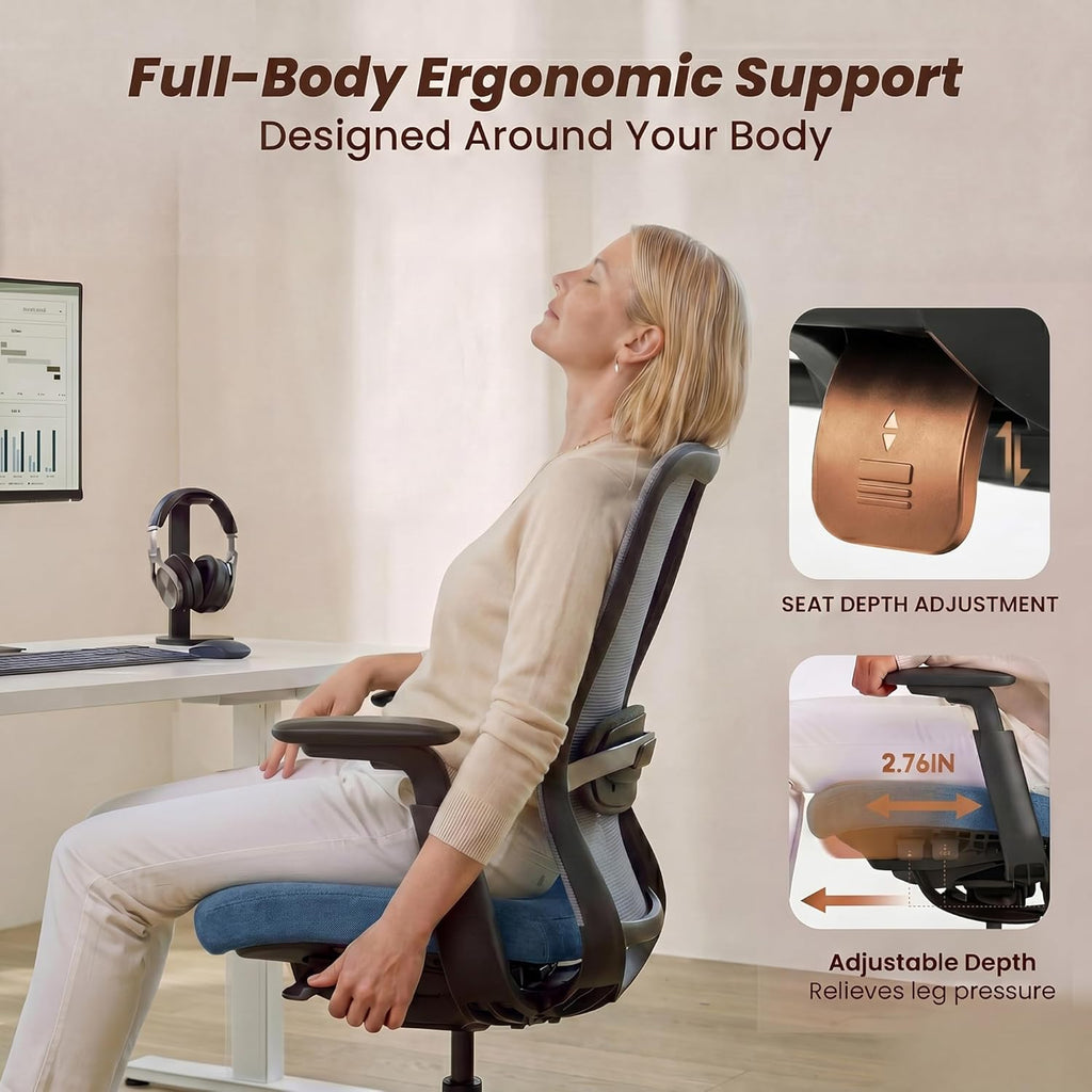 COLAMY Office Chair for Long Hours, Easy Wire-Control Desk Chair with Sliding Seat Depth & Thick Padded Lumbar Support, Heavy Duty 300 LBS High Back Mesh Computer Chair for Home Workstation,Blue