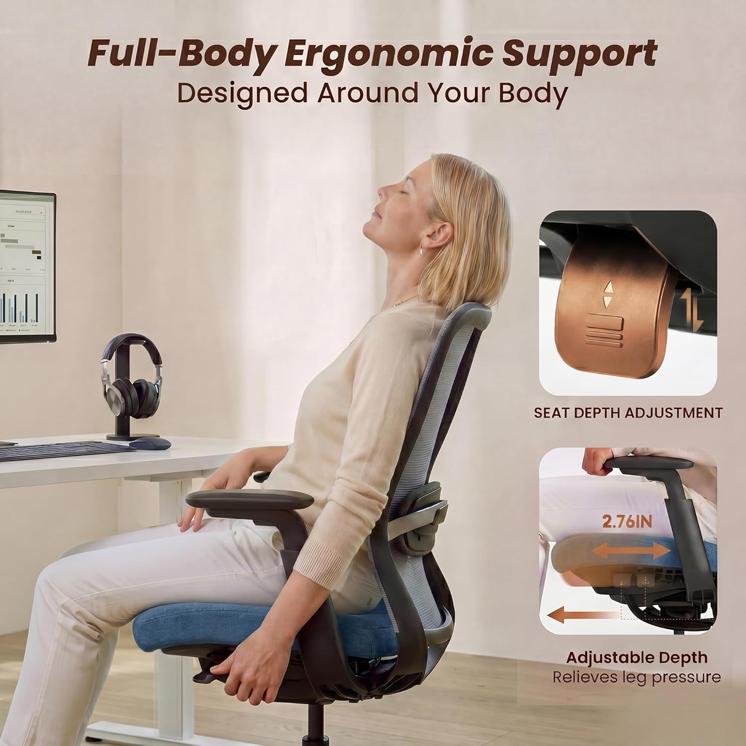 COLAMY Office Chair for Long Hours, Easy Wire-Control Desk Chair with Sliding Seat Depth & Thick Padded Lumbar Support, Heavy Duty 300 LBS High Back Mesh Computer Chair for Home Workstation,Blue