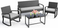 Ahomly 4 Piece Outdoor Patio Furniture Set, Wicker Patio Furniture with Glass Coffee Table, Rocking Wicker Bistro Set, for Backyard, Poolside, Porch (Grey)