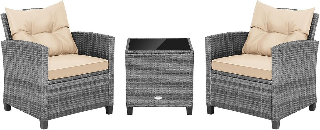 RELAX4LIFE 3 Piece Patio Furniture Set, Wicker Bistro Conversation Set w/2 Cushioned Armchairs & Glass Topped Table, Outdoor Rattan Sofa Set Patio Furniture for Porch Balcony Poolside (Grey-Beige)