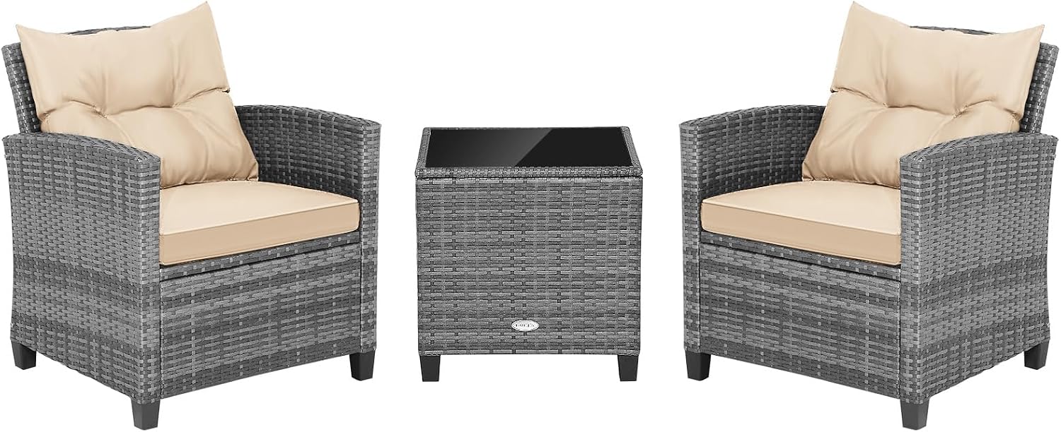 RELAX4LIFE 3 Piece Patio Furniture Set, Wicker Bistro Conversation Set w/2 Cushioned Armchairs & Glass Topped Table, Outdoor Rattan Sofa Set Patio Furniture for Porch Balcony Poolside (Grey-Beige)