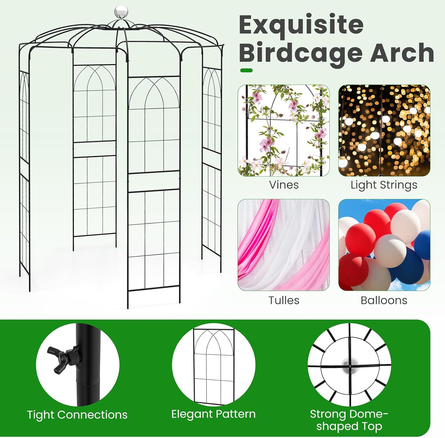 Happygrill Birdcage Shape Garden Arbor, 112' Tall Heavy Duty Gazebo with for Climbing Plants, Outdoor Arch Pergola Pavilion for Wedding Party Ceremony Decoration
