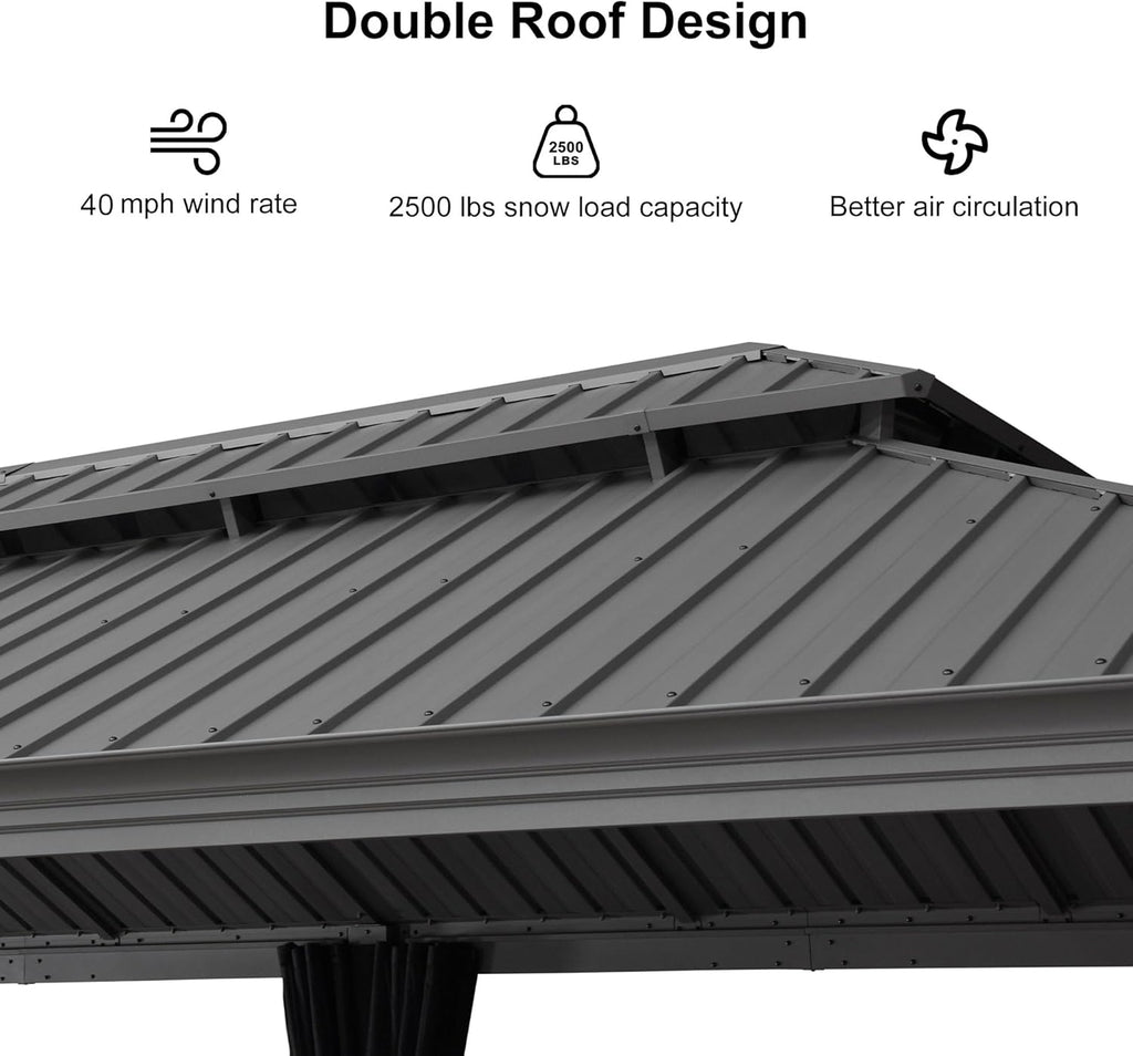 PURPLE LEAF 12' x 24' Patio Hardtop Gazebo Metal Roof Heavy Duty Wind Resistance Outdoor Permanent Large Pavilion Gazebo for Patio Deck and Garden, Netting and Curtains Included, Light Grey