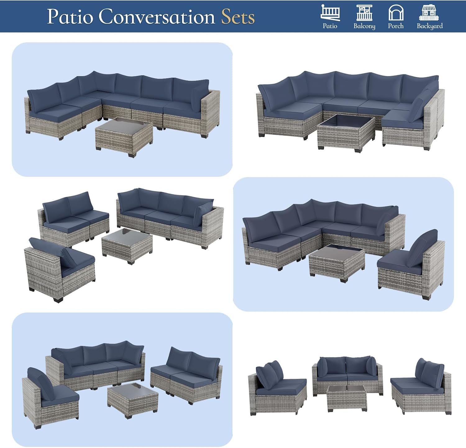 FHFO 7 Piece Outdoor Wicker Patio Furniture Set, Rattan Sectional Sofa Couch, Patio Conversation Set with Cushion & Coffee Table, for Backyard Poolside Porch Garden, Grey/Blue
