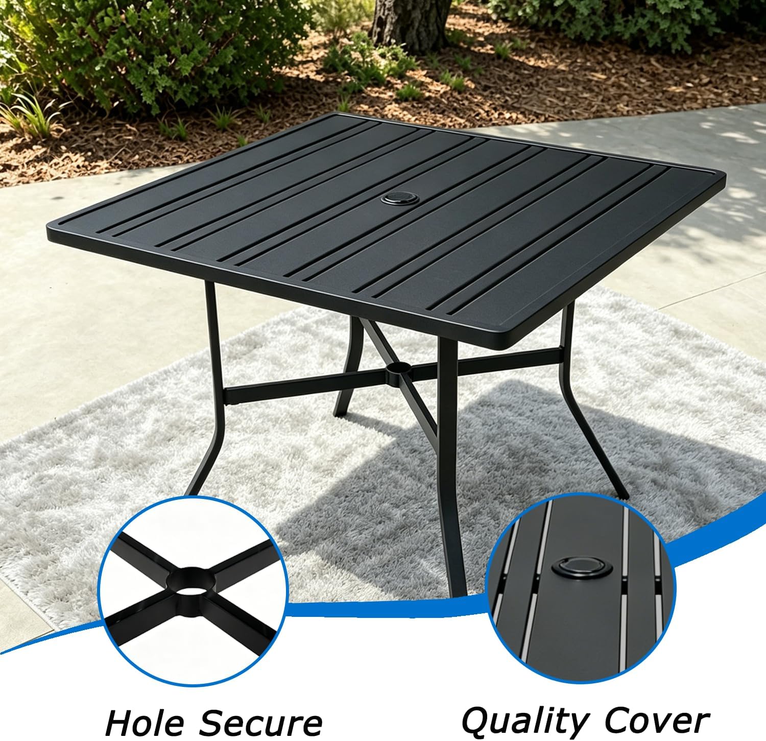 Outdoor Patio Furniture Set 5 Piece with 4 Stackable Black Rattan Chairs and Black Outdoor Metal Dining Table with Umbrella Hole