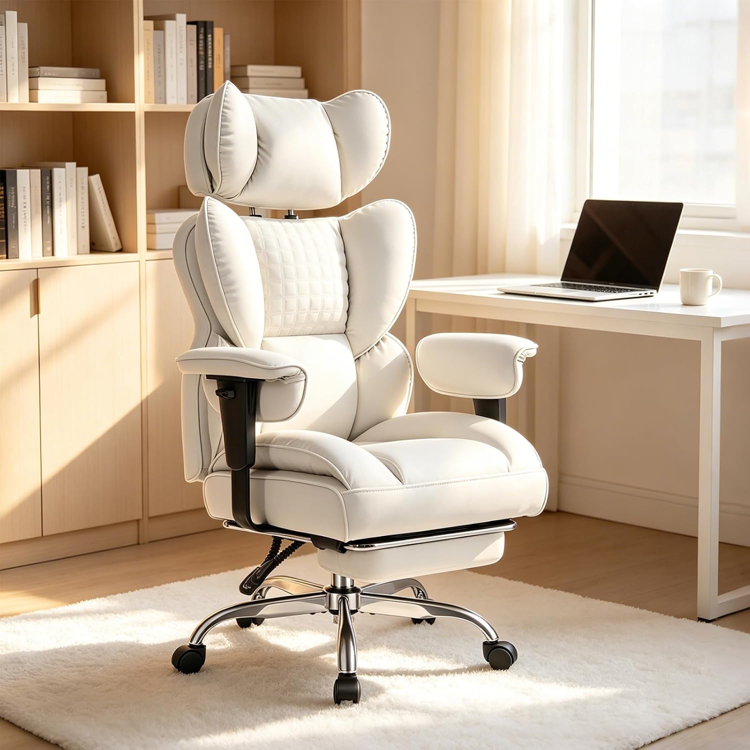 Big and Tall Gaming Computer Chair, Executive Ergonomic Home Office Desk Chair, with Footrest, High Back Reclining, Adjustable Armrests and Comfy Lumbar Support, PU Leather, Beige