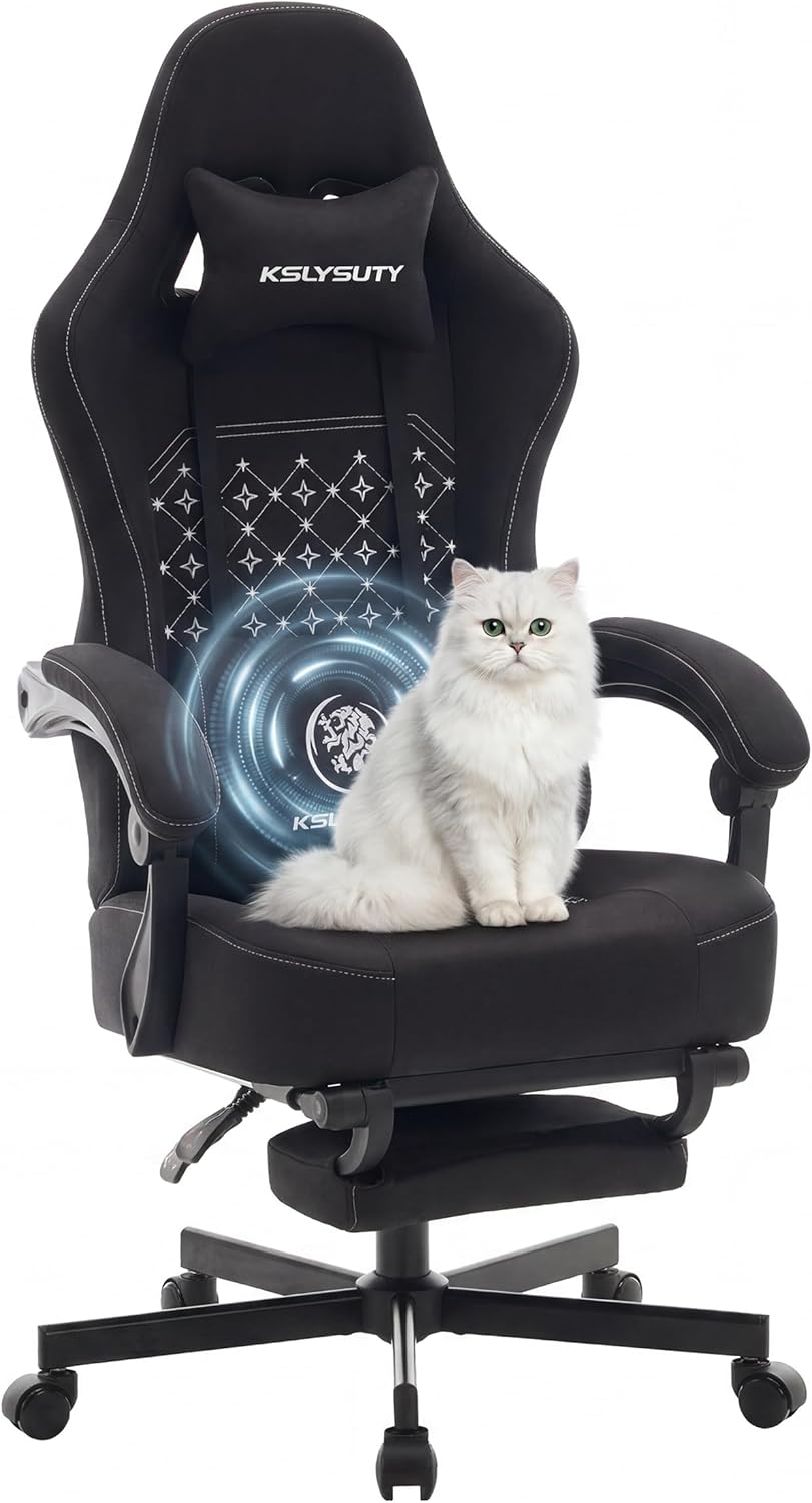 Gaming Chair Breathable Fabric with Pocket Spring Cushion, Wide and High Ergonomic Office Chair with Headrest, Computer Gaming Chair with Footrest for Adult and Teen (Black Fabric)
