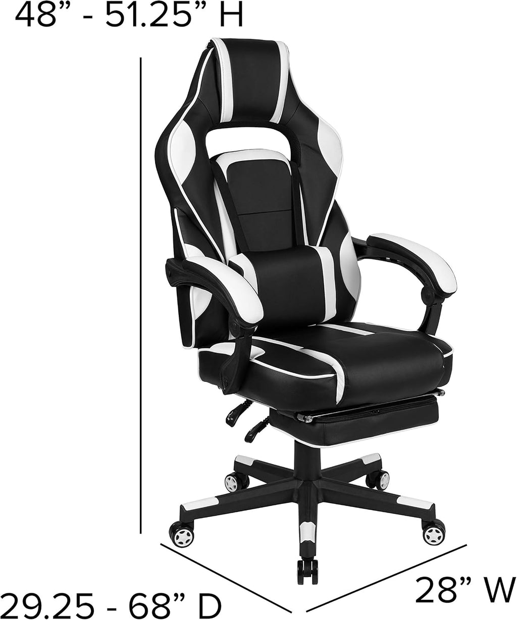 EMMA + OLIVER White Ergonomic Gaming Chair - Reclining Back/Arms, Footrest, Massaging Lumbar