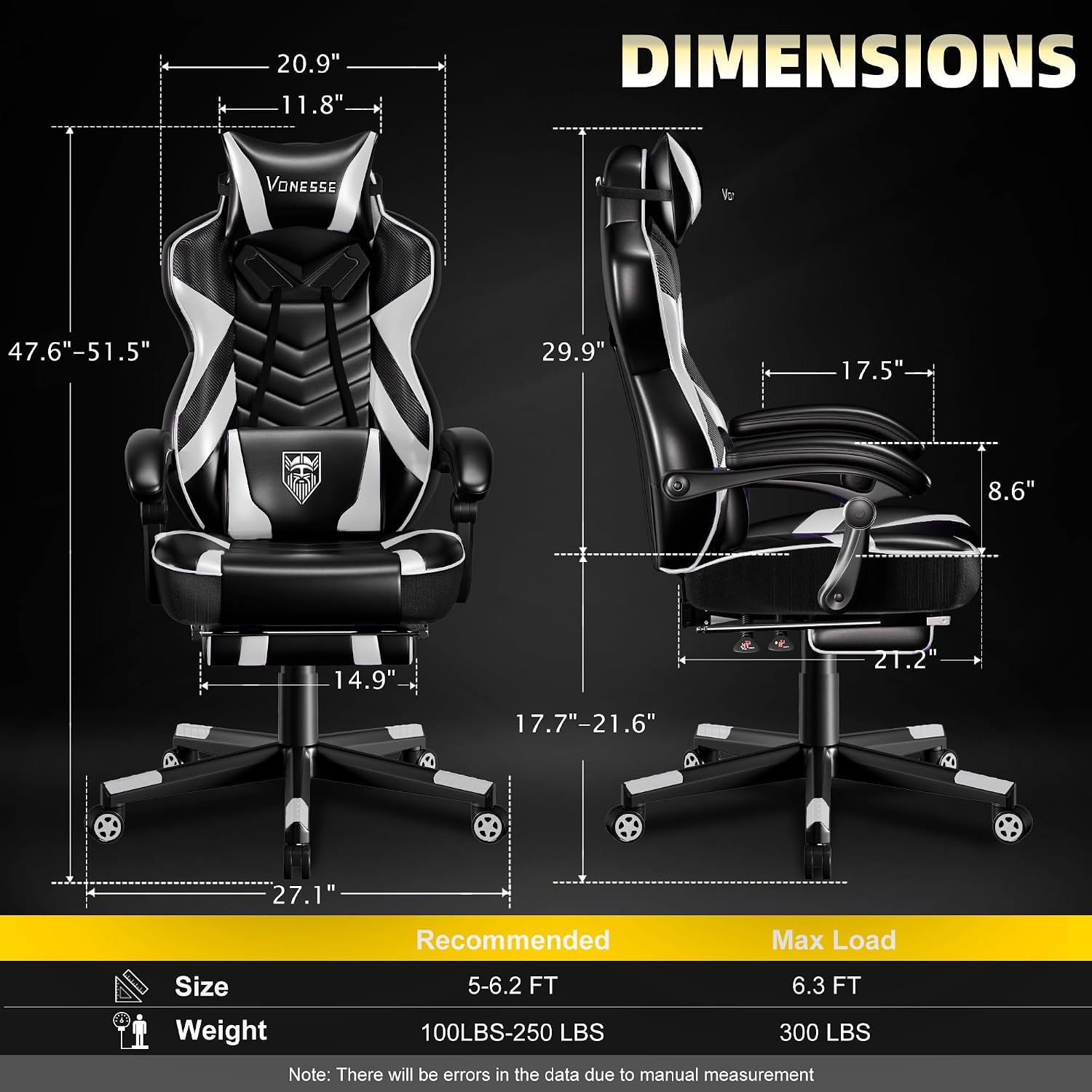Vonesse Gaming Chair, Big and Tall Gaming Chair with Footrest and Massage, Gaming Chairs for Adults with Lumbar Support, Ergonomic High Back Computer Chair with Pocket Spring Cushion (White/Black)