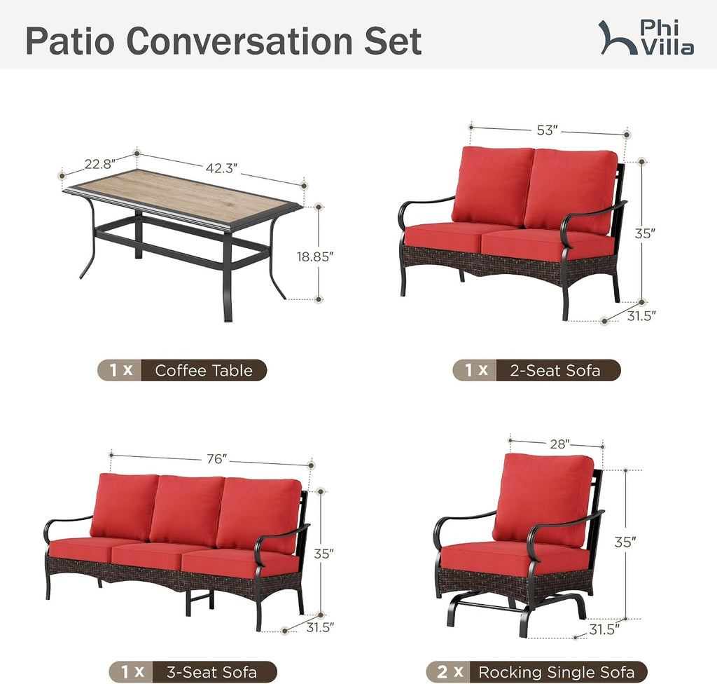 PHI VILLA Outdoor Modern Patio Furniture Set, Upgraded Wicker & Metal Patio Conversation Set with Waterproof Thick Cushions for Porch, Poolside, Yard(5 Pieces,Red)