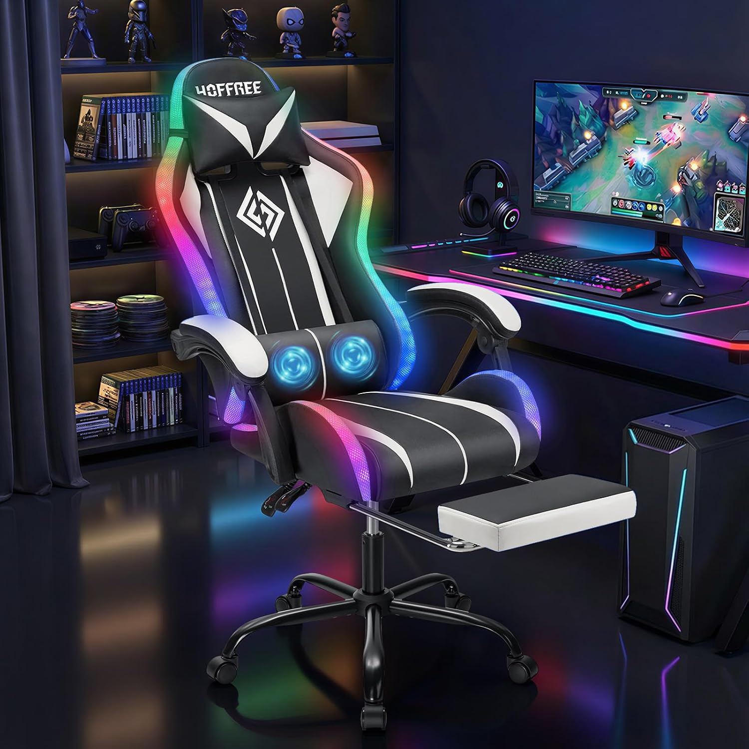 RGB Gaming Chair with LED Lights Massage Ergonomic Computer Gaming Chair High Back Video Game Chair with Footrest and Adjustable Lumbar Support Linkage Armrest Gamer Chairs for Adults White and Black