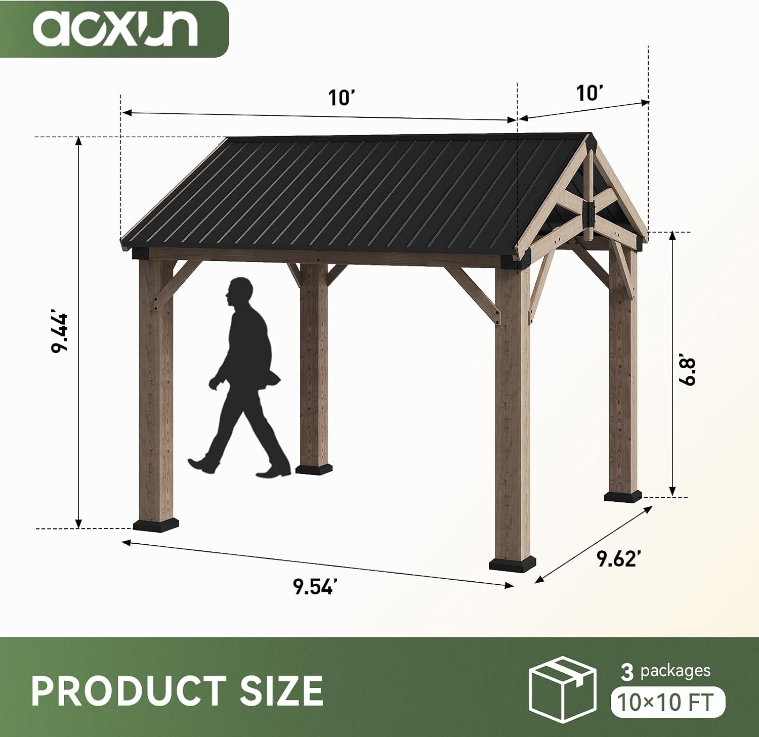 Aoxun 10' x 10' Outdoor Wood Gazebo, Hardtop Gazebo Permanent Wooden Pavilion with Galvanized Steel Gable Roof, for Patio, Garden, Backyard, Cedar Wood