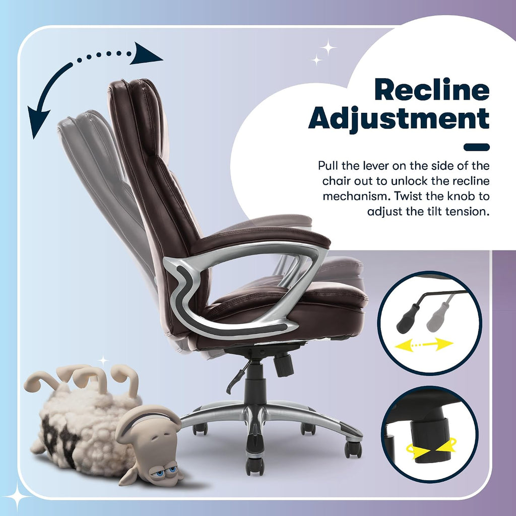 Serta Fairbanks Big and Tall Executive Office Chair - Ergonomic High Back Computer DeskChair with Lumbar Support, Memory Foam Seat Cushion, Padded Armrests, Bonded Leather, 350 lb Capacity - Brown